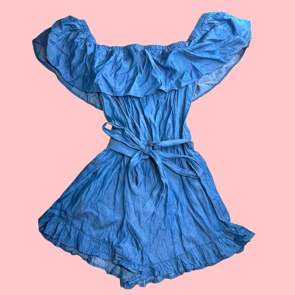 8 Flying Tomato Denim Romper Womens Size L Ruffles Off Shoulder